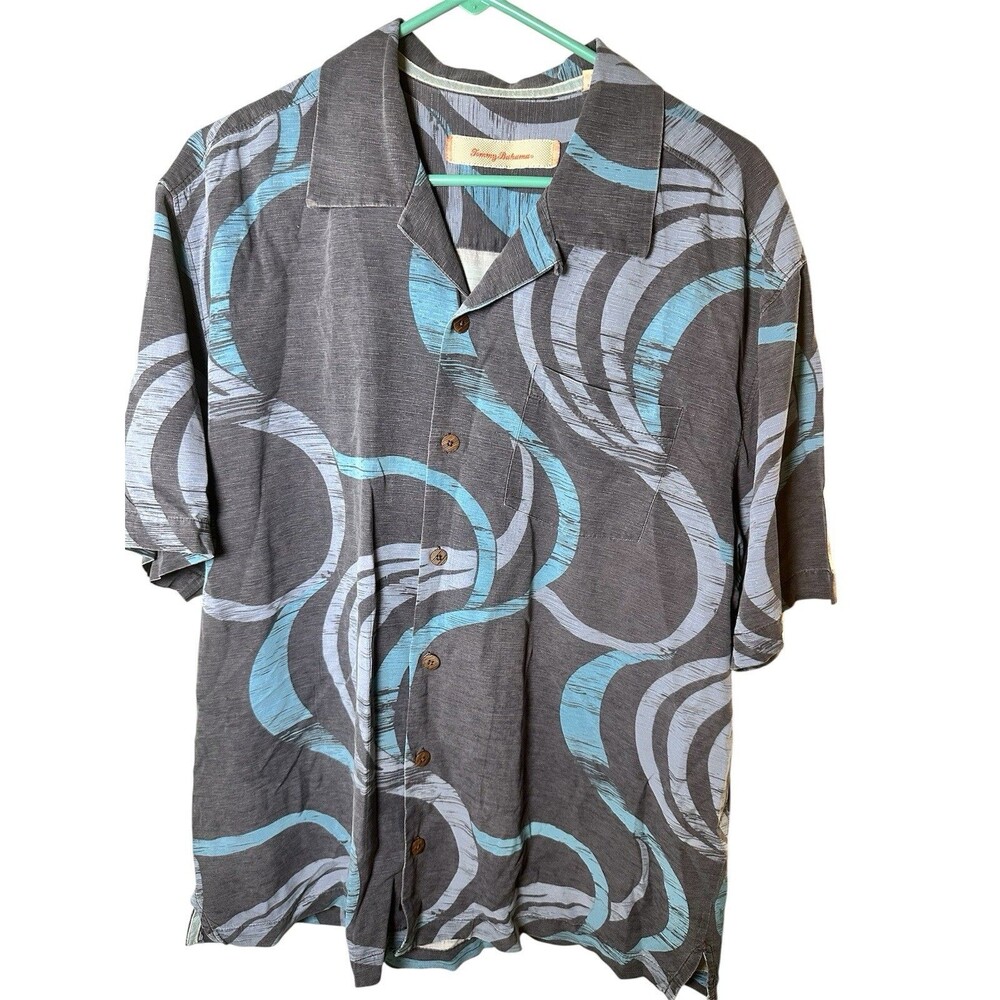 Tommy Bahama Mens’s Button Down Gray Hawaiian Wave Pattern Shirt 100% Silk Sz L